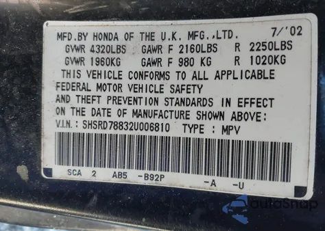 2002 Honda Cr-V Ex from USA, damaged, VIN SHSRD78832U006810